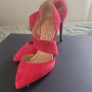 Jessica Simpson Red Suede Cross-Strap Pointed-Toe Stilettos